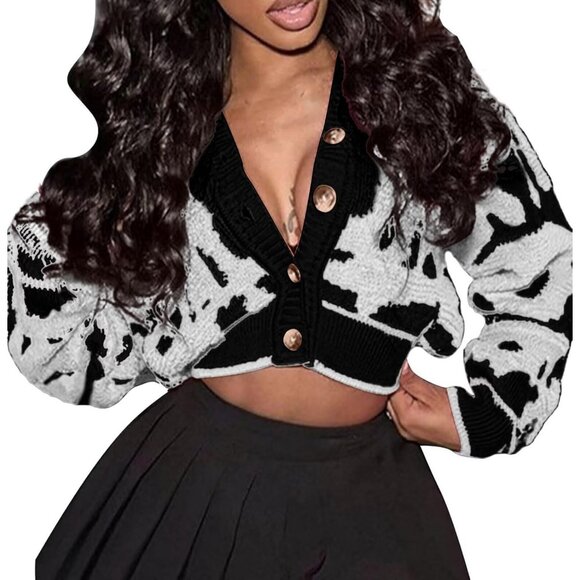 Women's Fashion Button Down Cardigan Sweaters Fall Slim Crop Knit Typed-Black - Picture 1 of 5